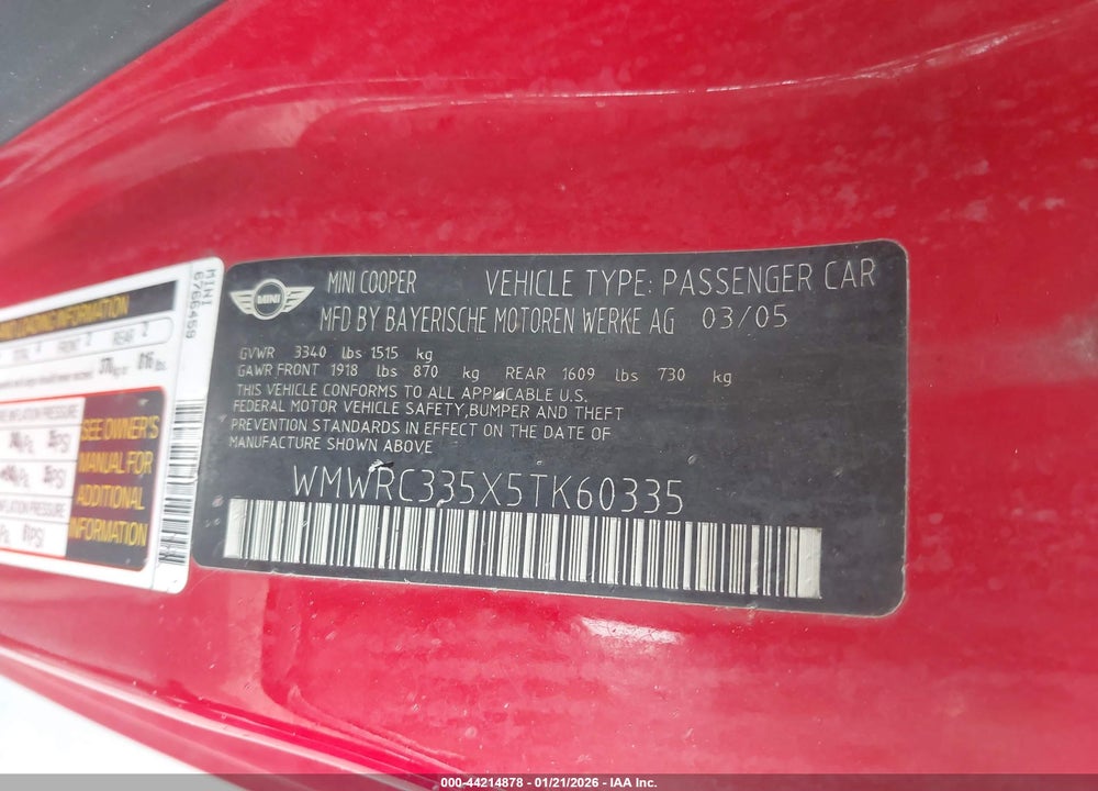 2005 MINI COOPER VIN: WMWRC335X5TK60335