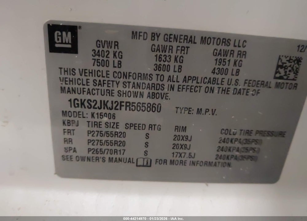 2015 GMC YUKON XL 1500 DENALI VIN: 1GKS2JKJ2FR565860