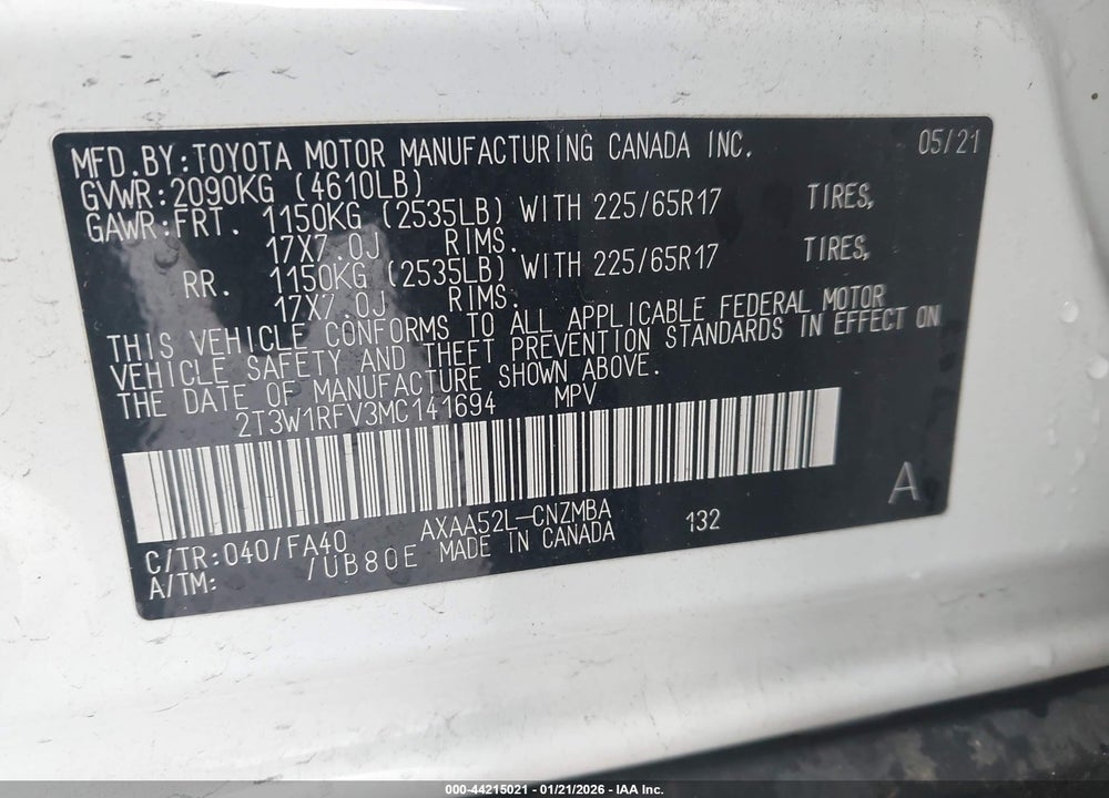 2021 TOYOTA RAV4 XLE VIN: 2T3W1RFV3MC141694