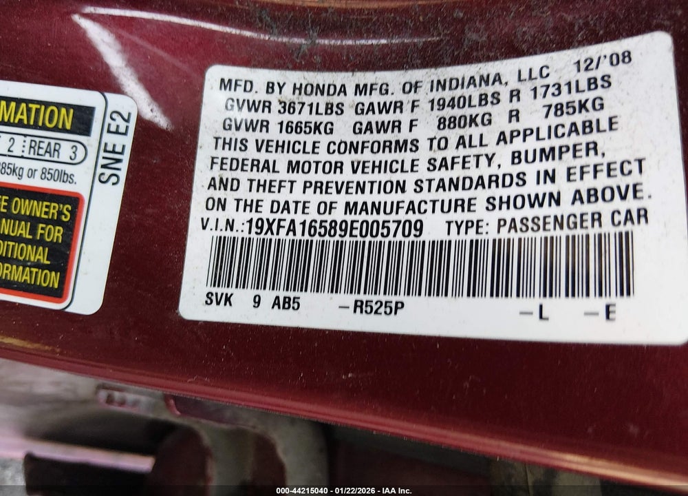 2009 HONDA CIVIC LX VIN: 19XFA16589E005709