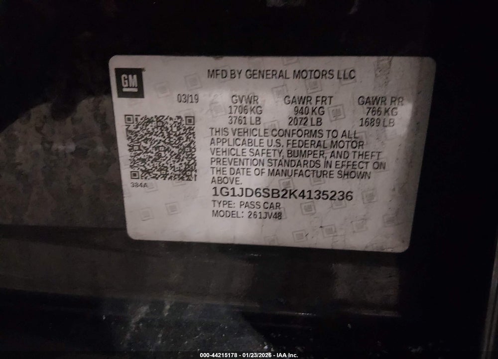 2019 CHEVROLET SONIC LT AUTO VIN: 1G1JD6SB2K4135236