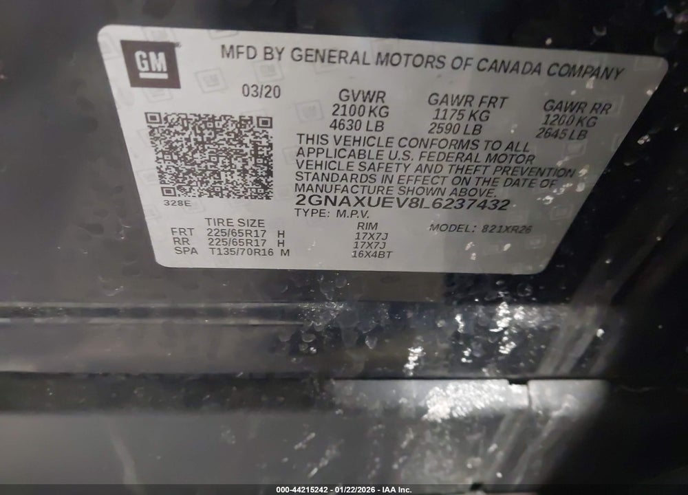 2020 CHEVROLET EQUINOX AWD LT 1.5L TURBO VIN: 2GNAXUEV8L6237432
