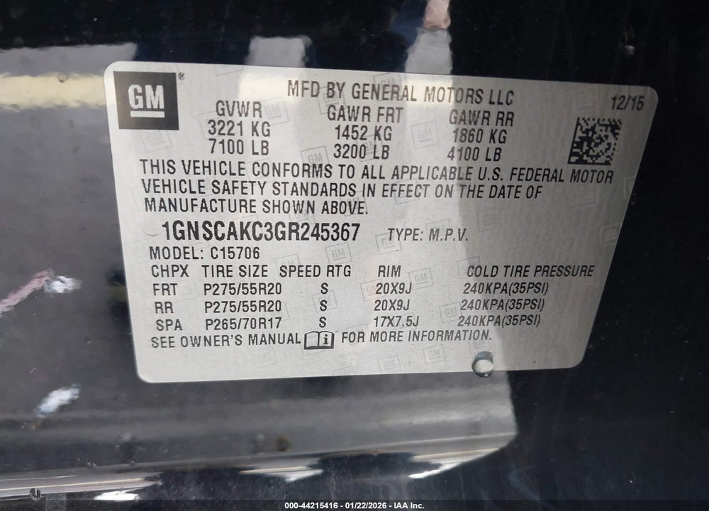 2016 CHEVROLET TAHOE LS VIN: 1GNSCAKC3GR245367