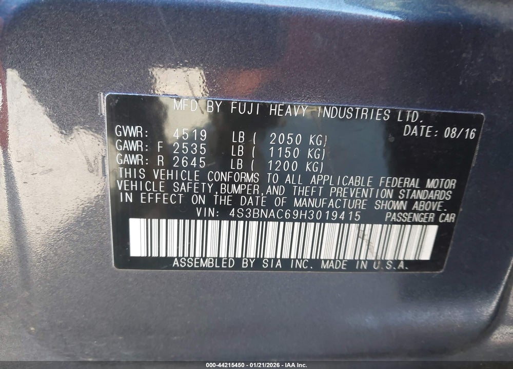 2017 SUBARU LEGACY 2.5I PREMIUM VIN: 4S3BNAC69H3019415