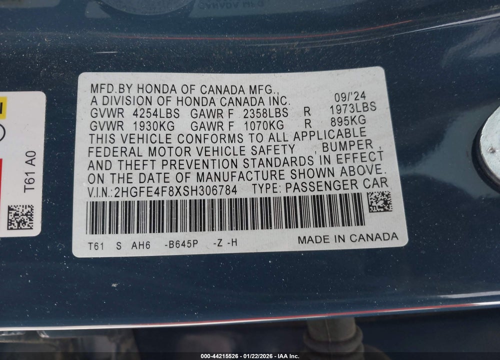 2025 HONDA CIVIC HYBRID SPORT/SPORT TOURING VIN: 2HGFE4F8XSH306784