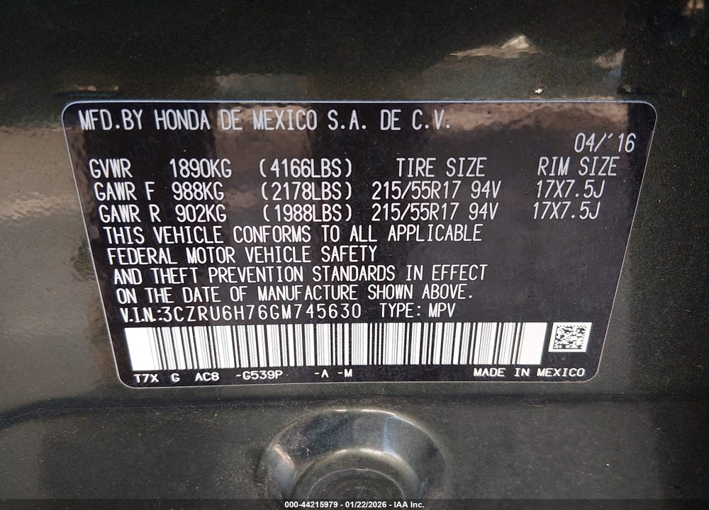 2016 HONDA HR-V EX-L VIN: 3CZRU6H76GM745630