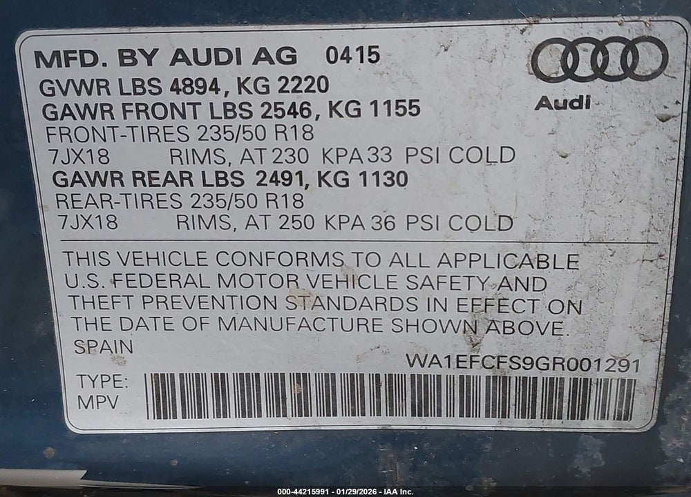 2016 AUDI Q3 2.0T PREMIUM PLUS VIN: WA1EFCFS9GR001291