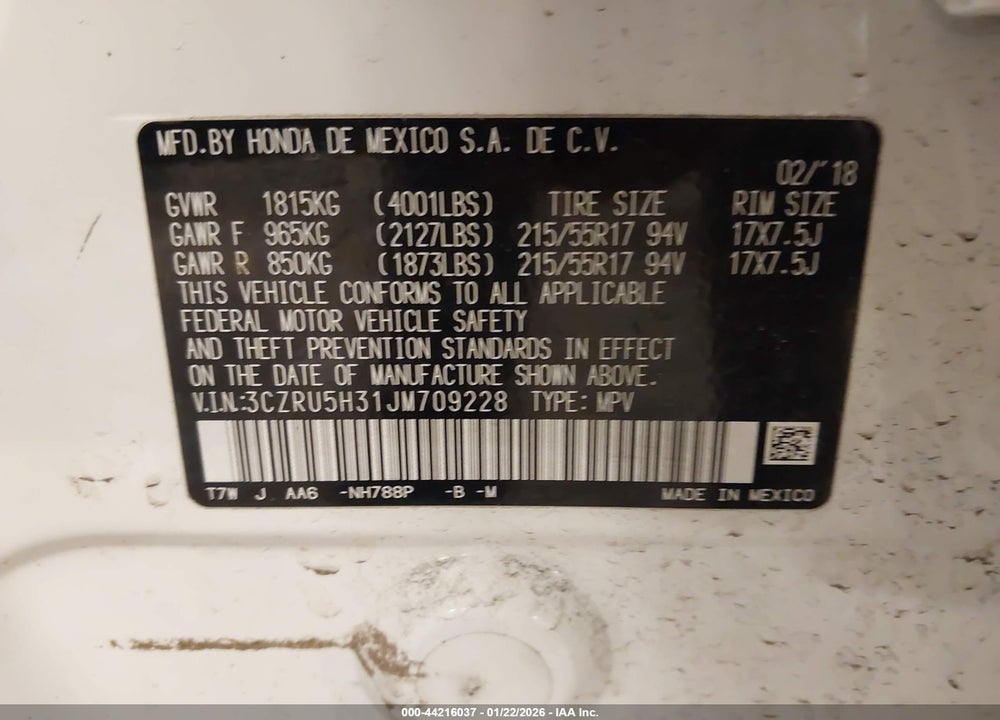 2018 HONDA HR-V LX VIN: 3CZRU5H31JM709228