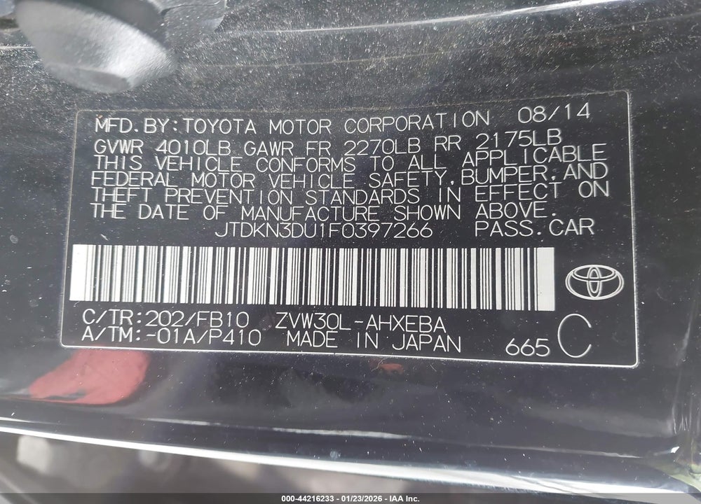 2015 TOYOTA PRIUS TWO VIN: JTDKN3DU1F0397266