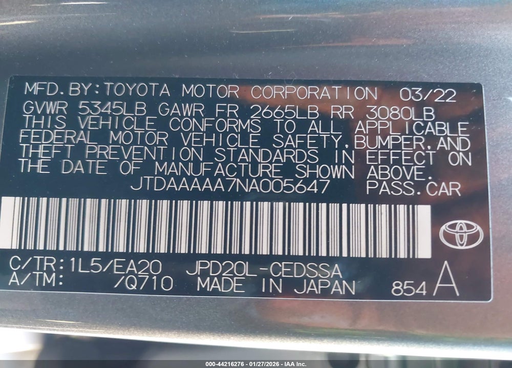 2022 TOYOTA MIRAI XLE VIN: JTDAAAAA7NA005647