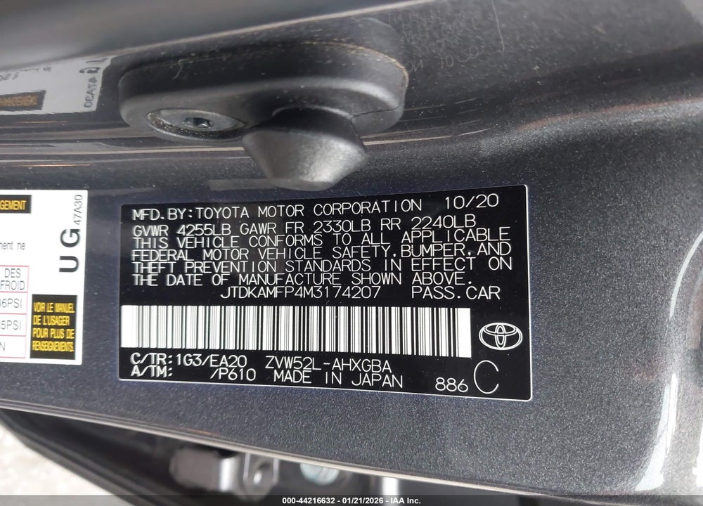 2021 TOYOTA PRIUS PRIME XLE VIN: JTDKAMFP4M3174207