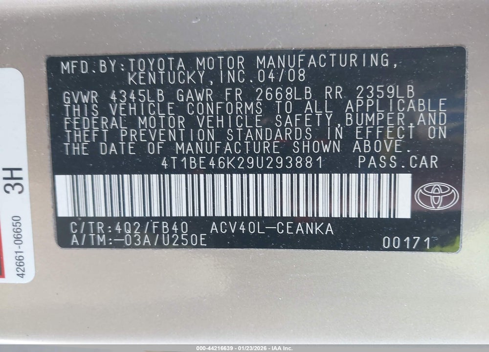 2009 TOYOTA CAMRY LE VIN: 4T1BE46K29U293881