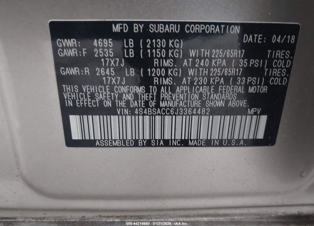 2018 SUBARU OUTBACK 2.5I PREMIUM VIN: 4S4BSACC6J3364482