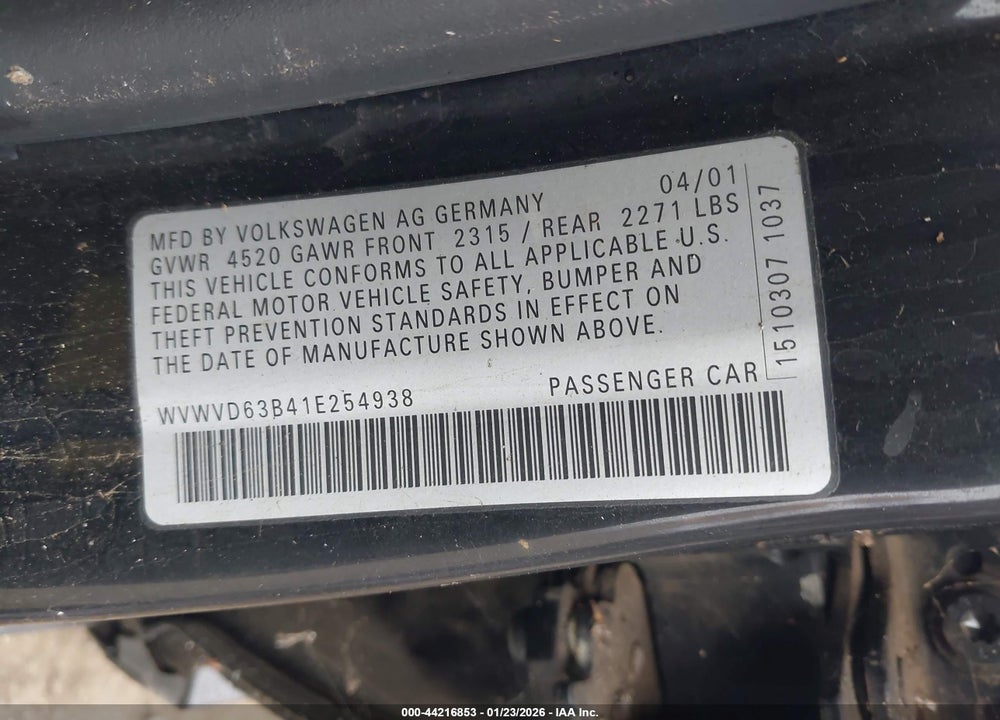 2001 VOLKSWAGEN PASSAT GLS VIN: WVWVD63B41E254938