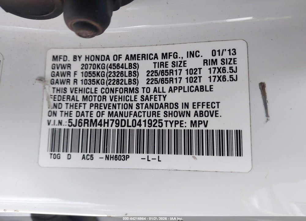 2013 HONDA CR-V EX-L VIN: 5J6RM4H79DL041925