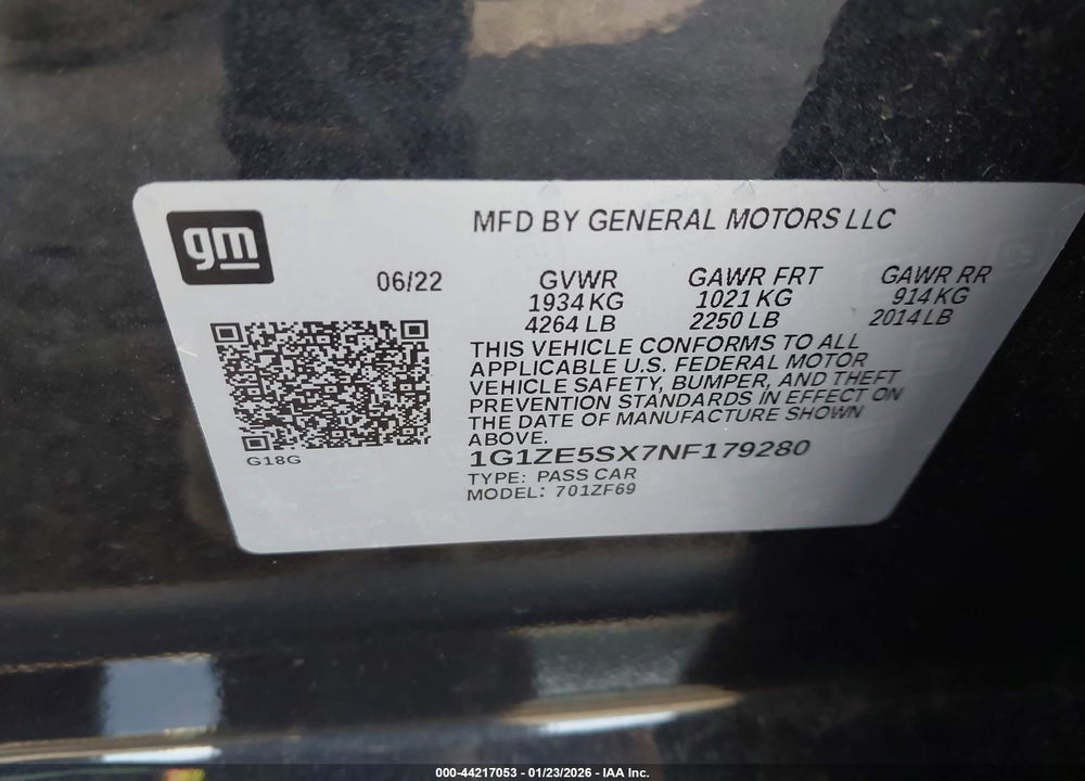 2022 CHEVROLET MALIBU FWD PREMIER VIN: 1G1ZE5SX7NF179280