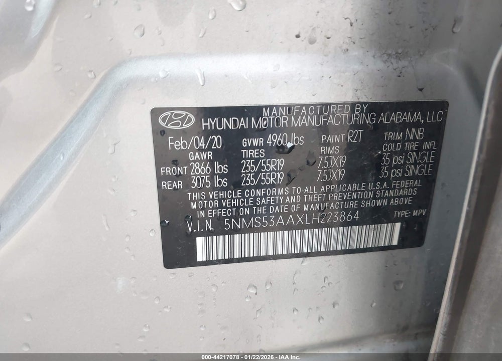 2020 HYUNDAI SANTA FE LIMITED 2.0T VIN: 5NMS53AAXLH223864