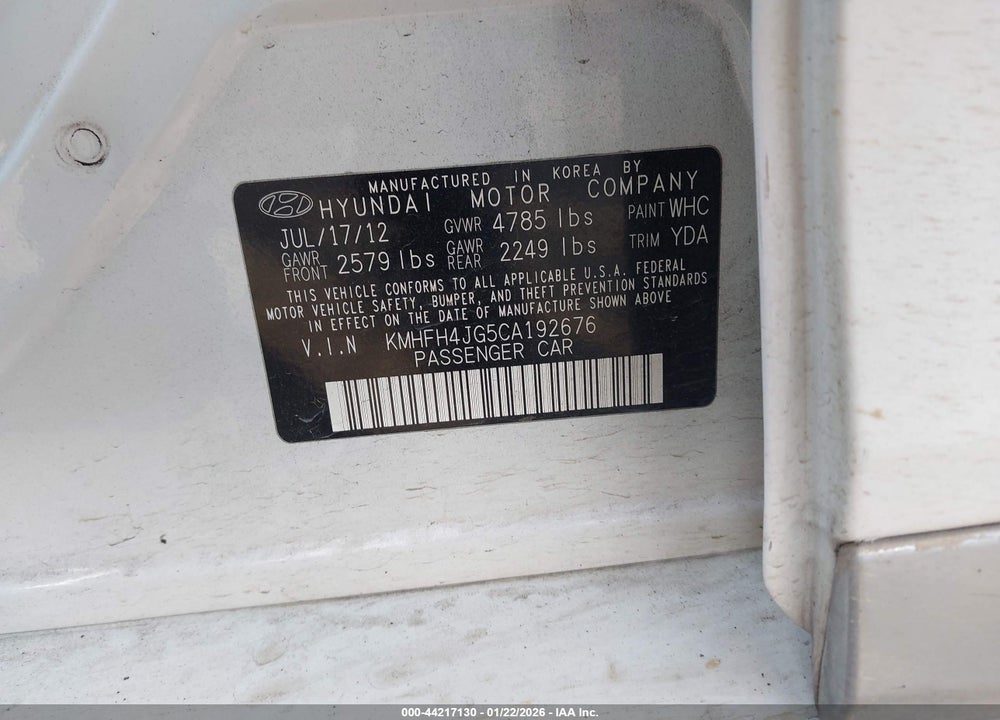 2012 HYUNDAI AZERA VIN: KMHFH4JG5CA192676