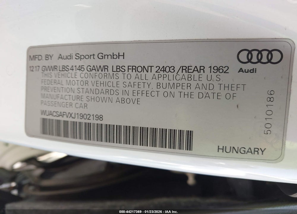 2018 AUDI TT RS 2.5T VIN: WUACSAFVXJ1902198
