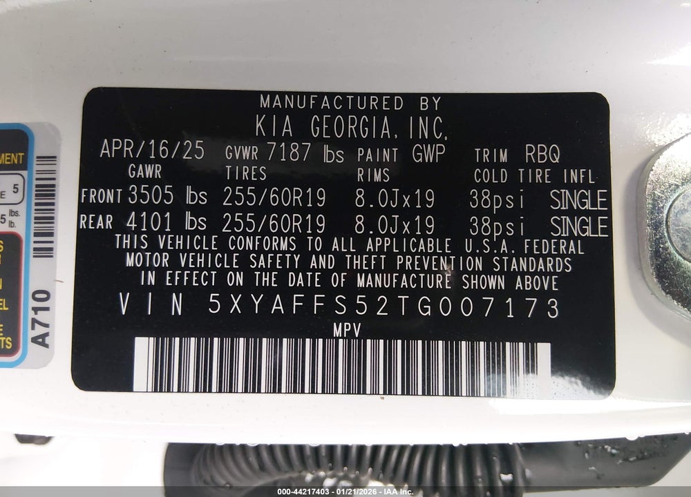 2026 KIA EV9 WIND VIN: 5XYAFFS52TG007173