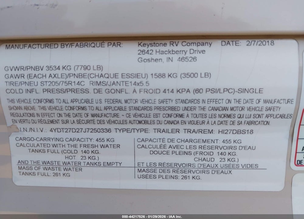 2018 KEYSTONE RV M-27 DBS HIDEOUT VIN: 4YDT27D27J7250336