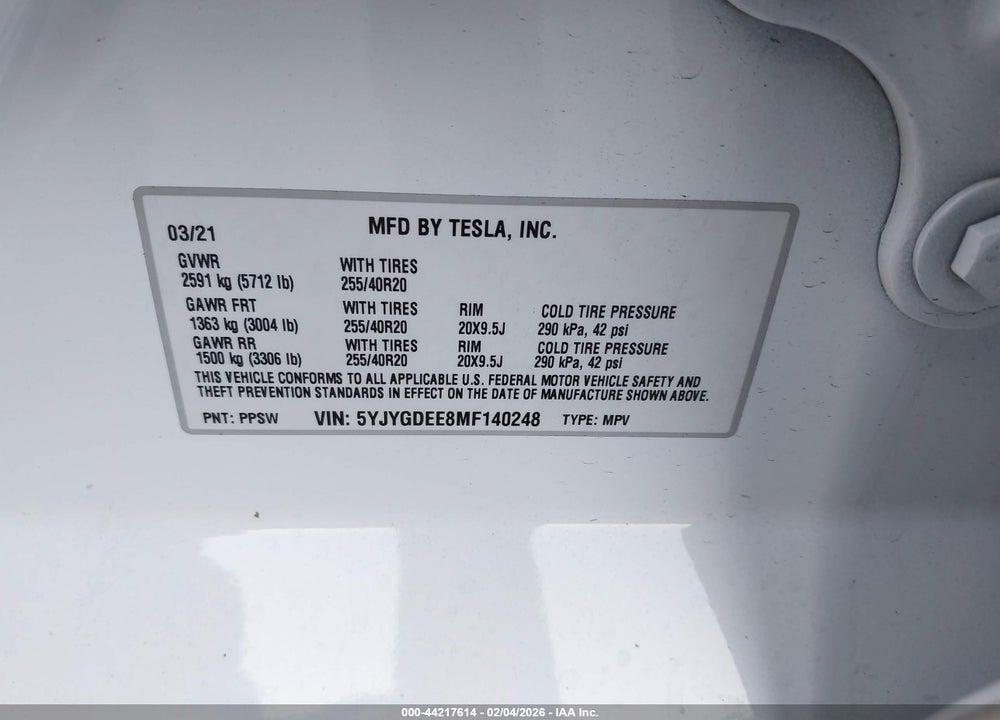 2021 TESLA MODEL Y LONG RANGE DUAL MOTOR ALL-WHEEL DRIVE VIN: 5YJYGDEE8MF140248
