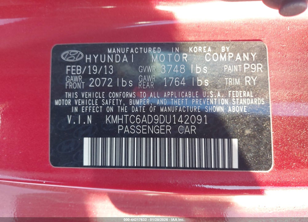 2013 HYUNDAI VELOSTER VIN: KMHTC6AD9DU142091