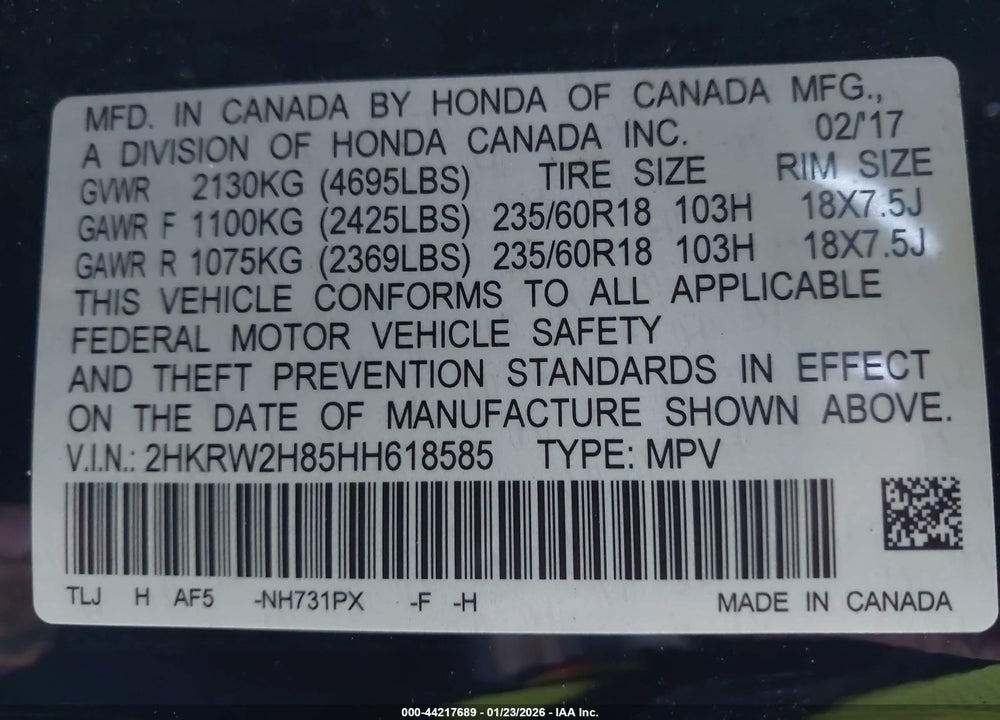 2017 HONDA CR-V VIN: 2HKRW2H85HH618585