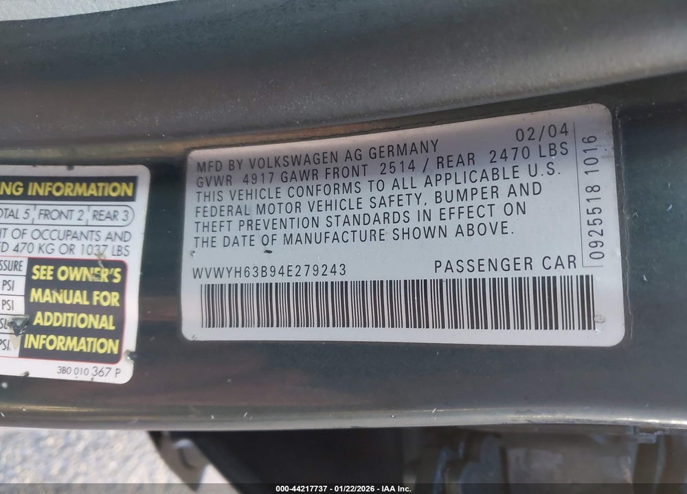 2004 VOLKSWAGEN PASSAT GLX VIN: WVWYH63B94E279243