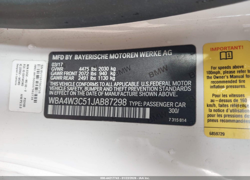 2018 BMW 430I VIN: WBA4W3C51JAB87298