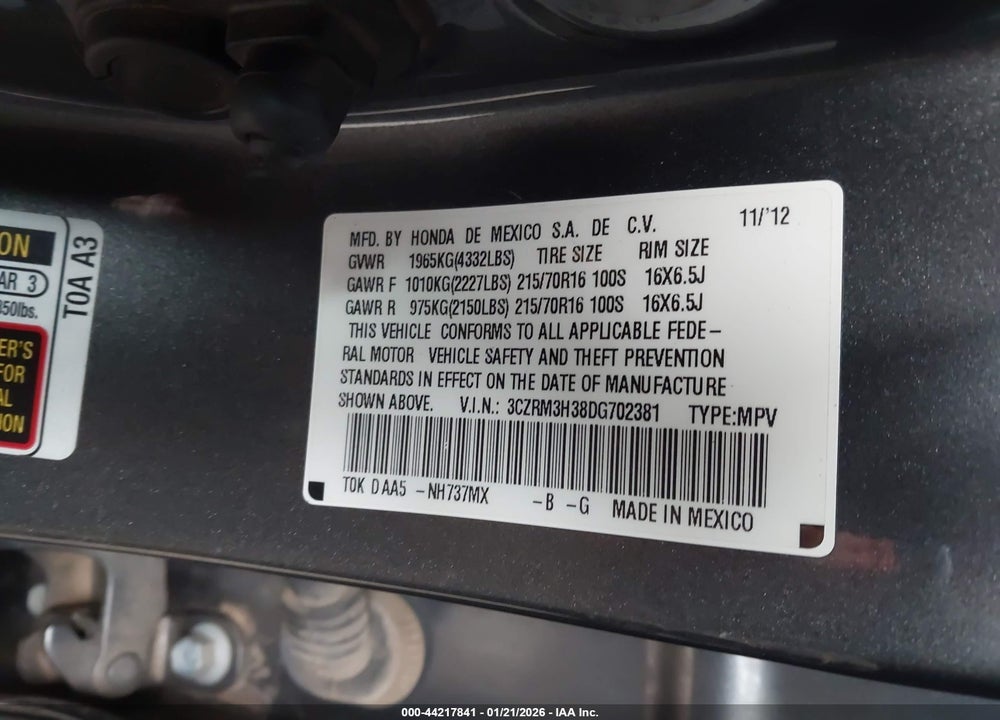 2013 HONDA CR-V LX VIN: 3CZRM3H38DG702381