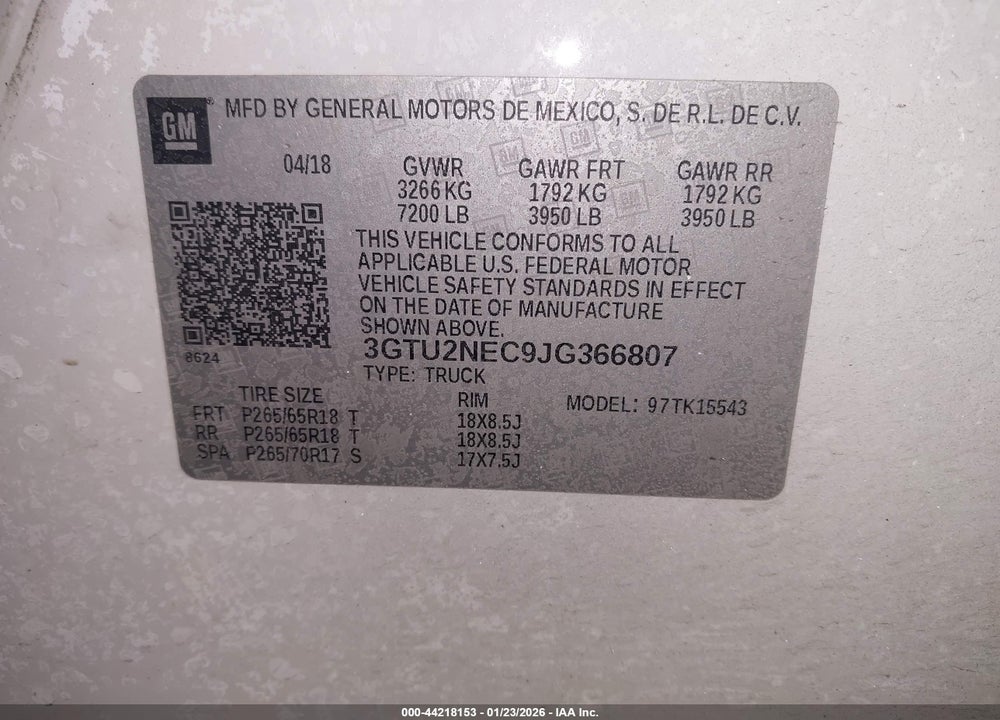 2018 GMC SIERRA 1500 SLT VIN: 3GTU2NEC9JG366807