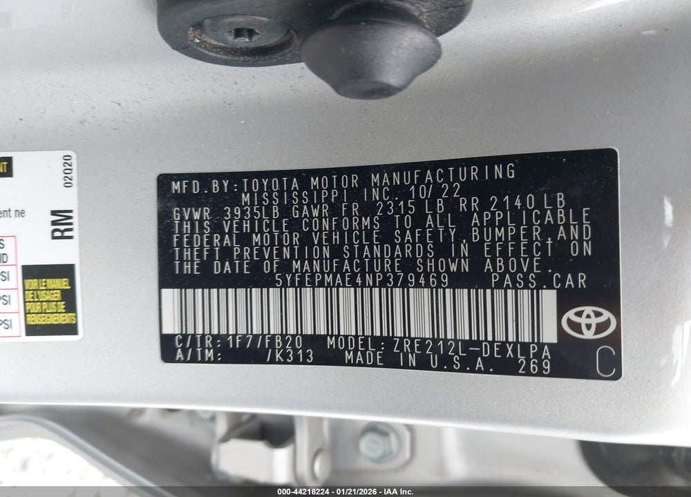 2022 TOYOTA COROLLA LE VIN: 5YFEPMAE4NP379469