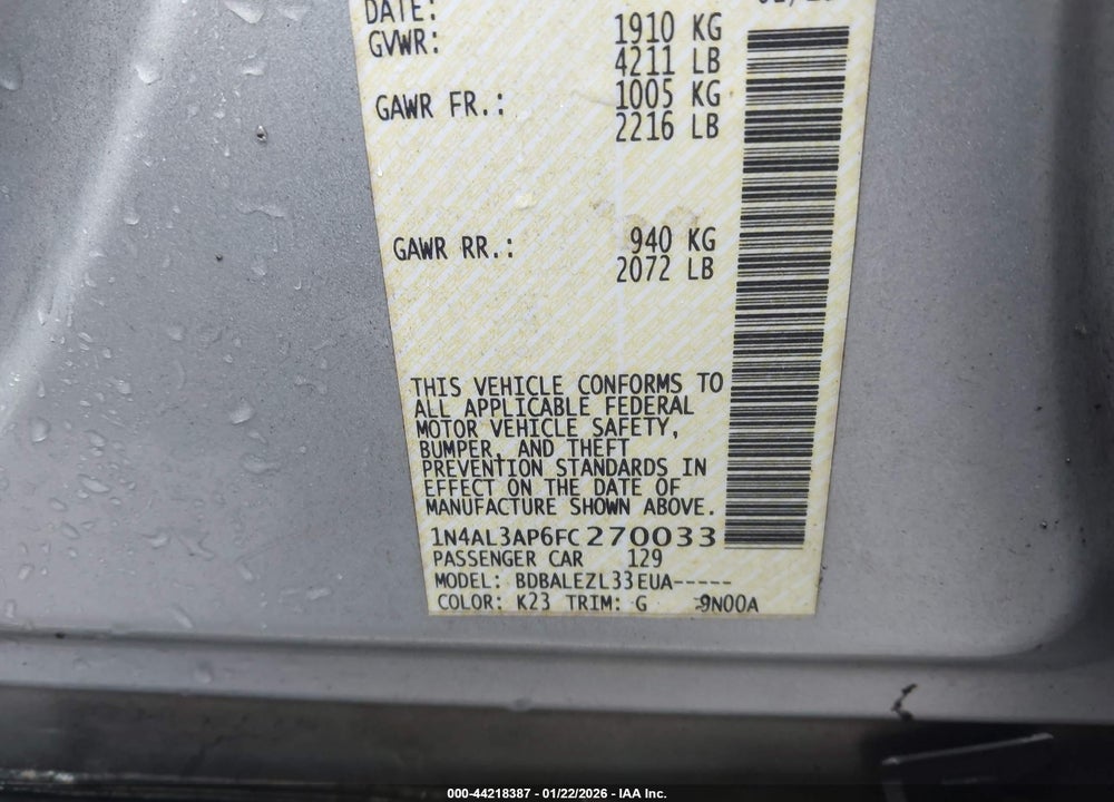 2015 NISSAN ALTIMA 2.5/2.5 S/2.5 SL/2.5 SV VIN: 1N4AL3AP6FC270033