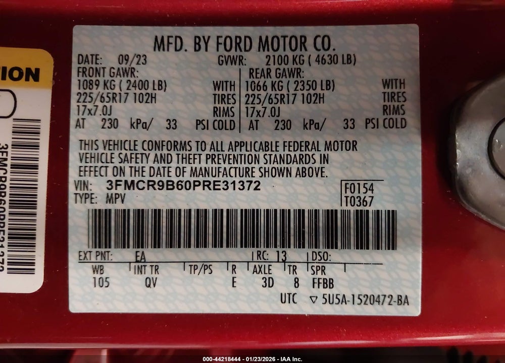 2023 FORD BRONCO SPORT BIG BEND VIN: 3FMCR9B60PRE31372