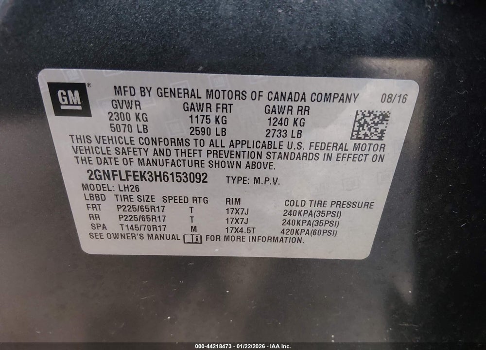 2017 CHEVROLET EQUINOX LT VIN: 2GNFLFEK3H6153092
