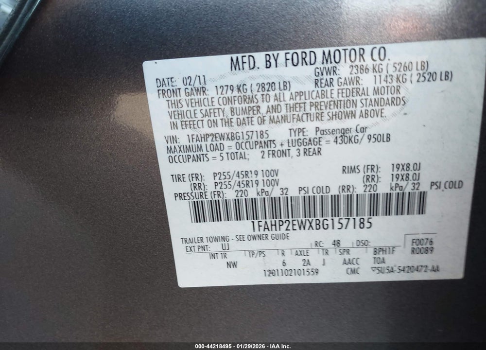 2011 FORD TAURUS SEL VIN: 1FAHP2EWXBG157185