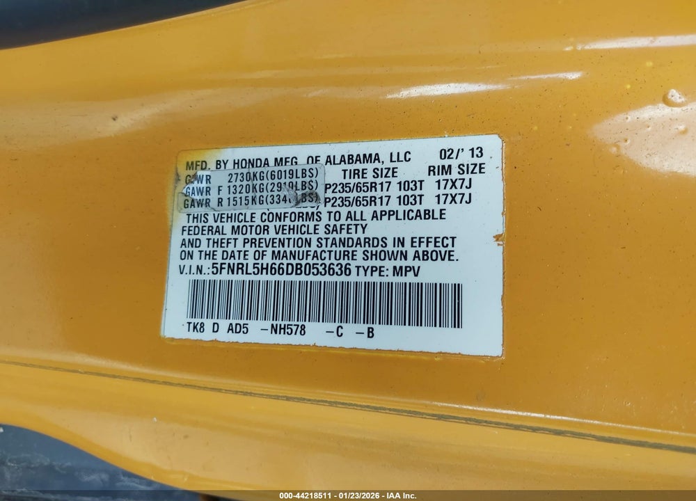 2013 HONDA ODYSSEY EX-L VIN: 5FNRL5H66DB053636