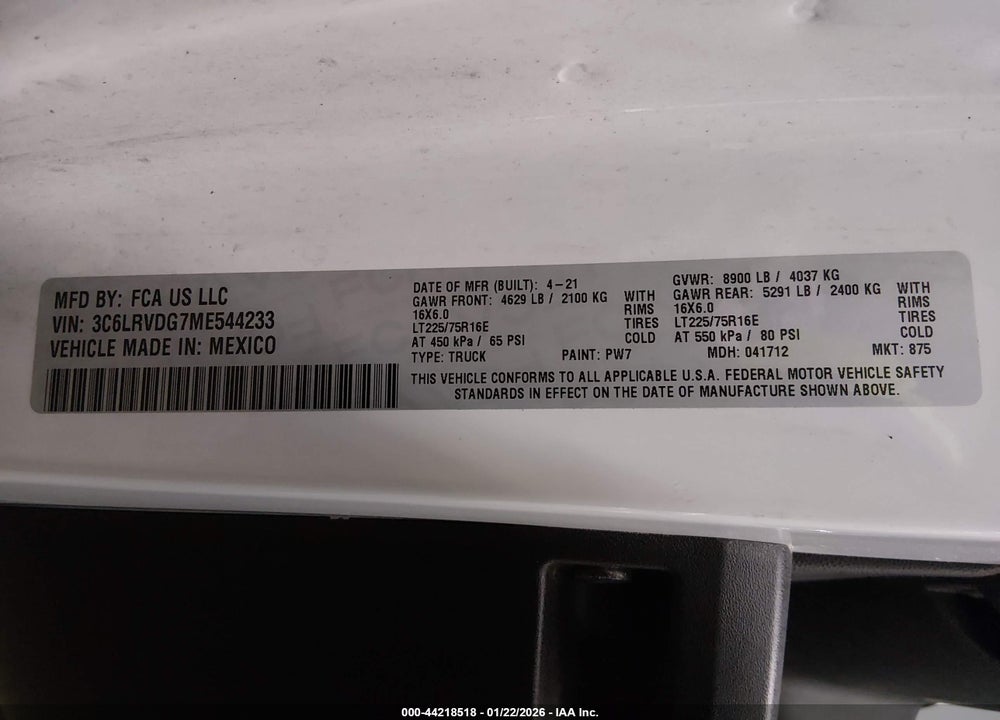 2021 RAM PROMASTER 2500 HIGH ROOF 159 WB VIN: 3C6LRVDG7ME544233