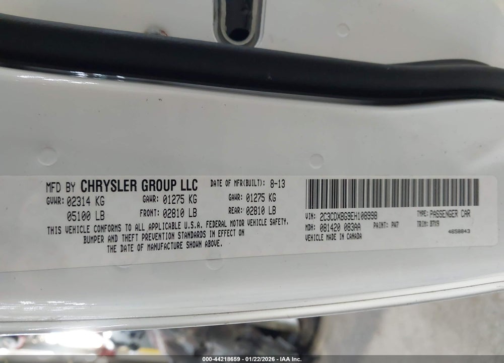 2014 DODGE CHARGER SE VIN: 2C3CDXBG9EH108998