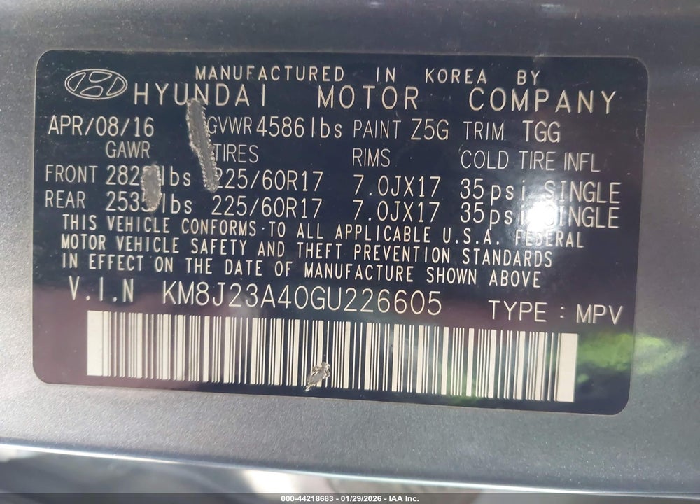 2016 HYUNDAI TUCSON SE VIN: KM8J23A40GU226605