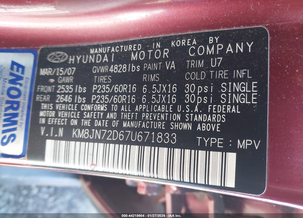 2007 HYUNDAI TUCSON LIMITED/SE VIN: KM8JN72D67U671833
