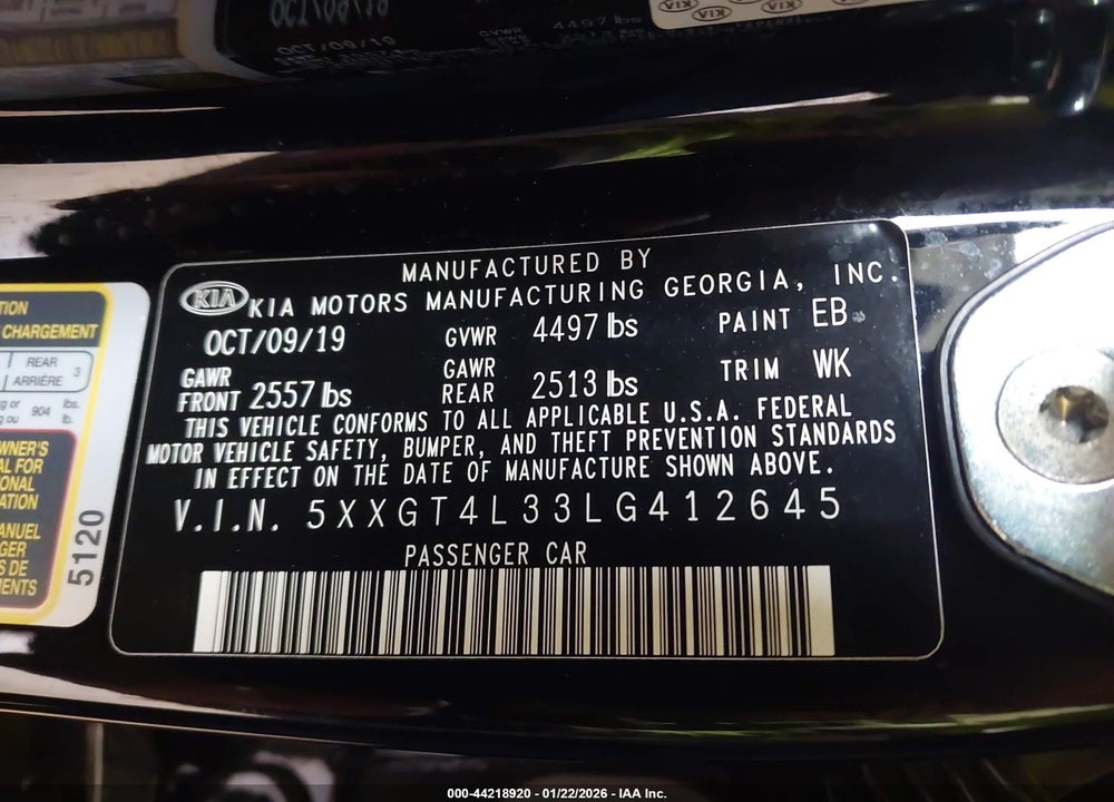 2020 KIA OPTIMA LX VIN: 5XXGT4L33LG412645