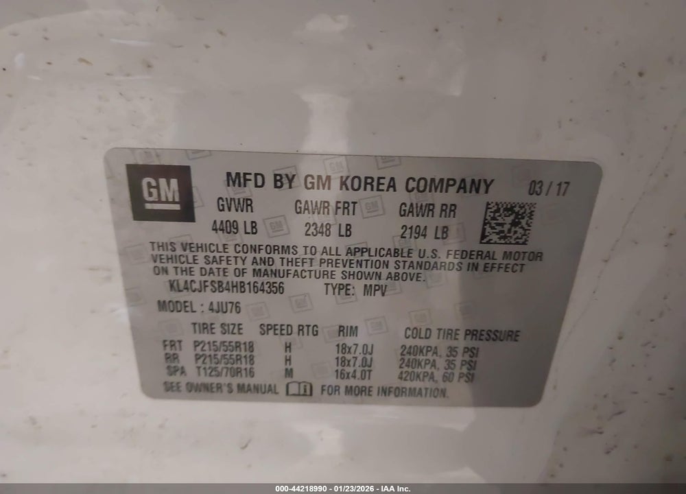 2017 BUICK ENCORE PREFERRED II VIN: KL4CJFSB4HB164356