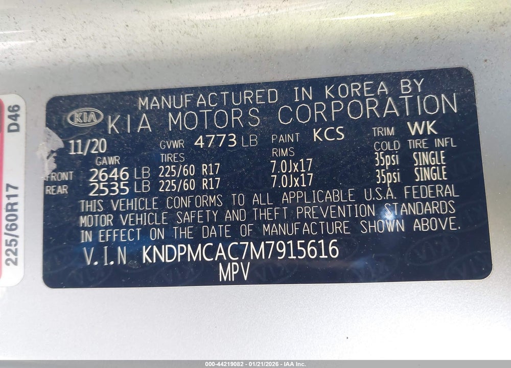 2021 KIA SPORTAGE LX VIN: KNDPMCAC7M7915616