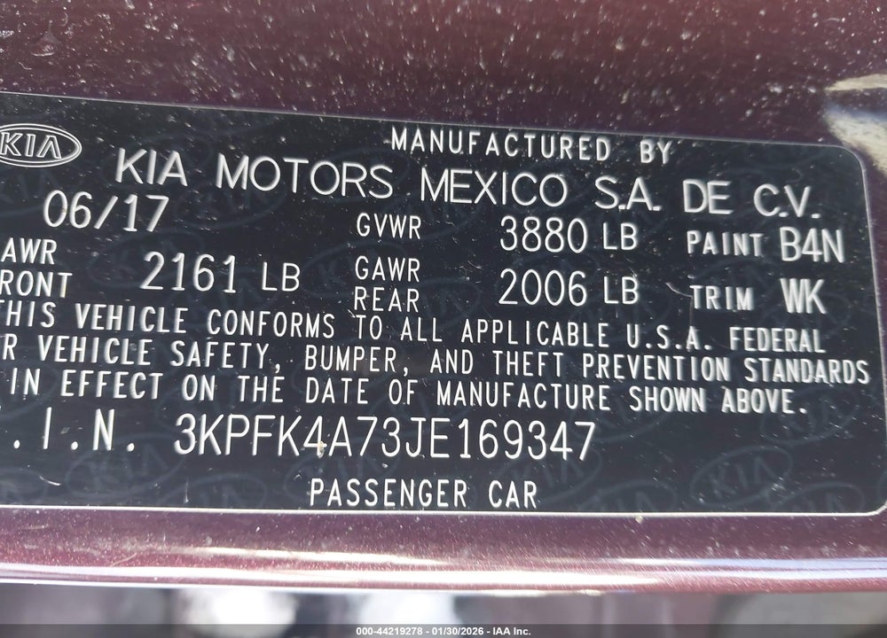 2018 KIA FORTE LX VIN: 3KPFK4A73JE169347