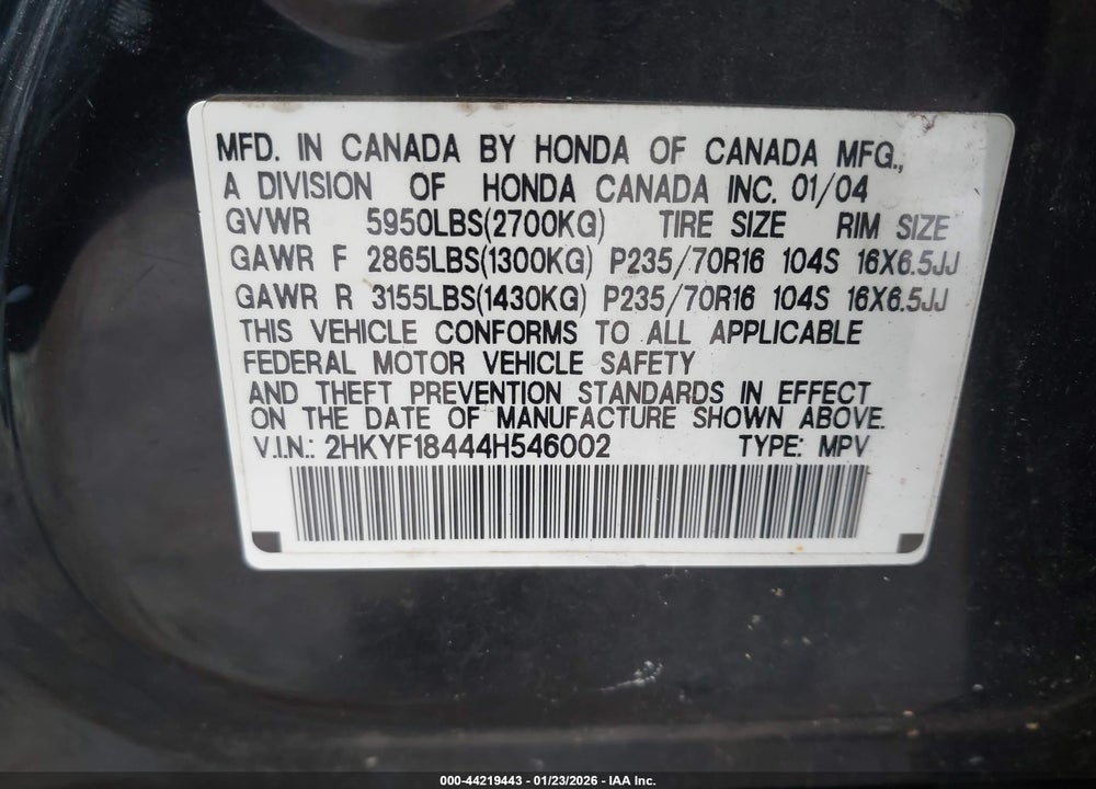 2004 HONDA PILOT EX VIN: 2HKYF18444H546002