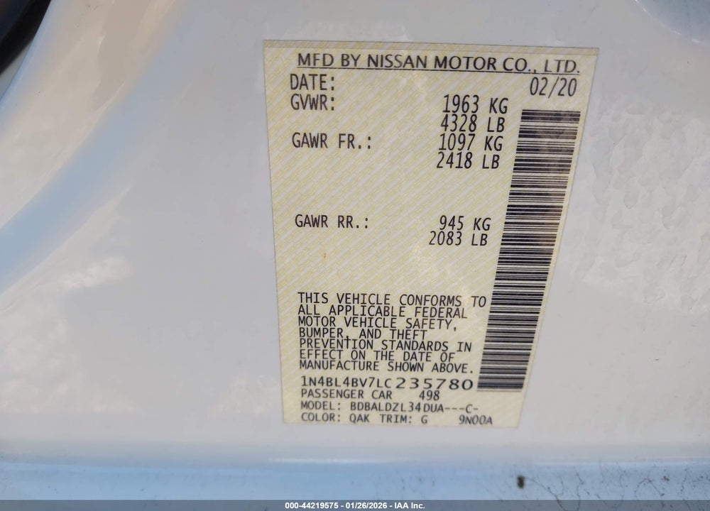 2020 NISSAN ALTIMA S FWD VIN: 1N4BL4BV7LC235780