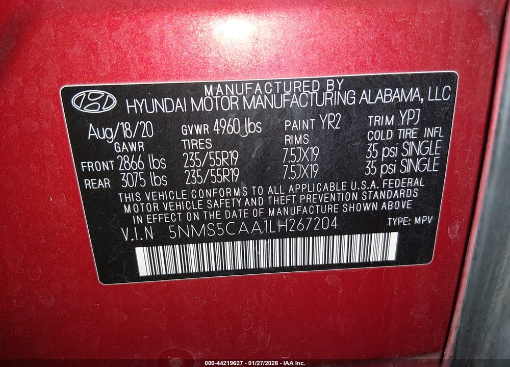 2020 HYUNDAI SANTA FE LIMITED 2.0T VIN: 5NMS5CAA1LH267204