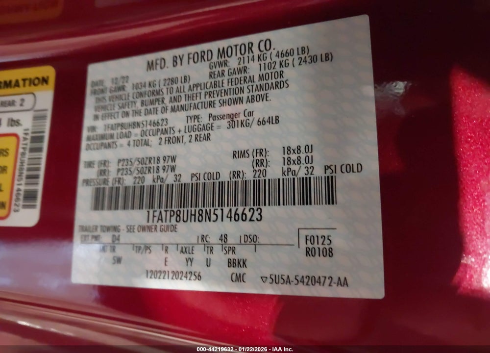 2022 FORD MUSTANG ECOBOOST PREMIUM VIN: 1FATP8UH8N5146623